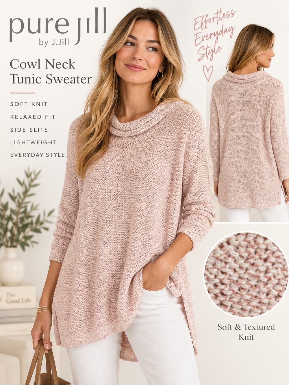 Pure Jill J.Jill Large Blush Pink Cotton Blend Cowl Neck Tunic Sweater
